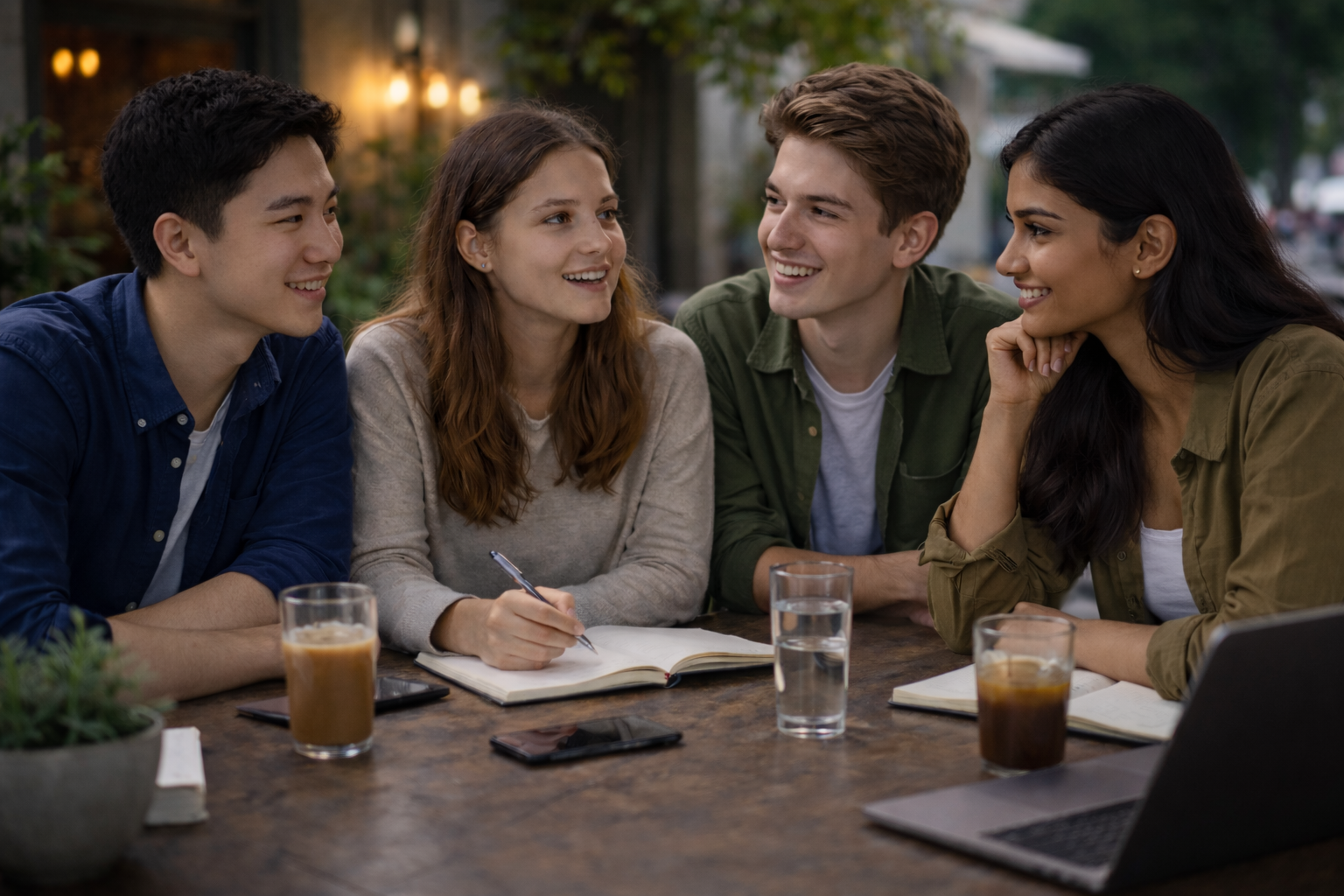 Four students in warm, animated conversation around a café table